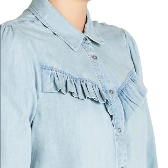 PAIGE Layda Blue Chambray Denim Ruffle Western Button Down Top - Picture 3 of 8